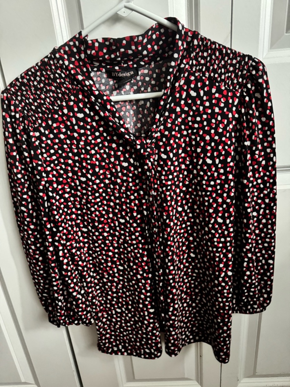 BYdesign Black Tie-Neck Blouse with Red & White Dot Print